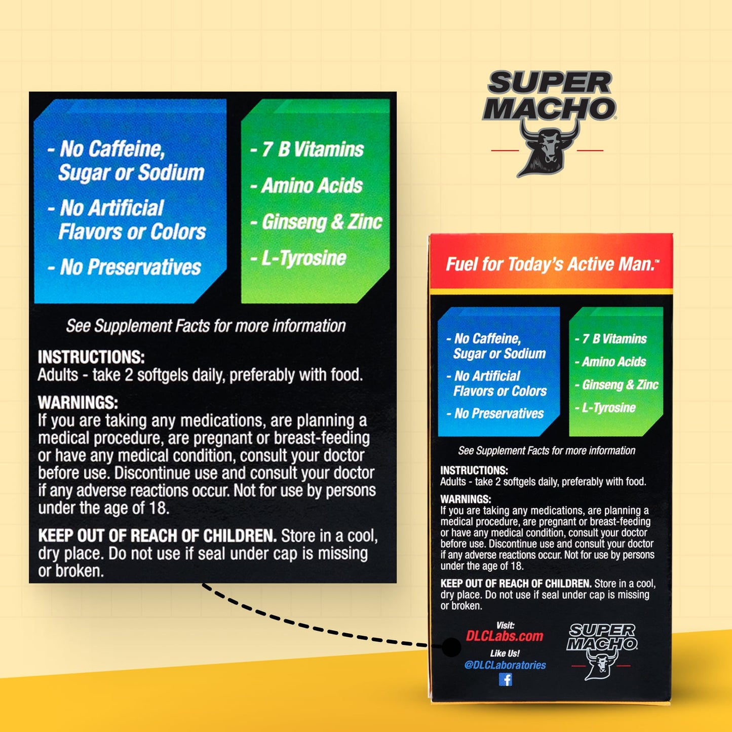 Super Macho, High Potency B Vitamins and Amino Acids, Fuel for Today's Active Men, No Caffeine, No Sugar, Dietary Supplement, Made in USA,50 Softgels - dailyvitalstore