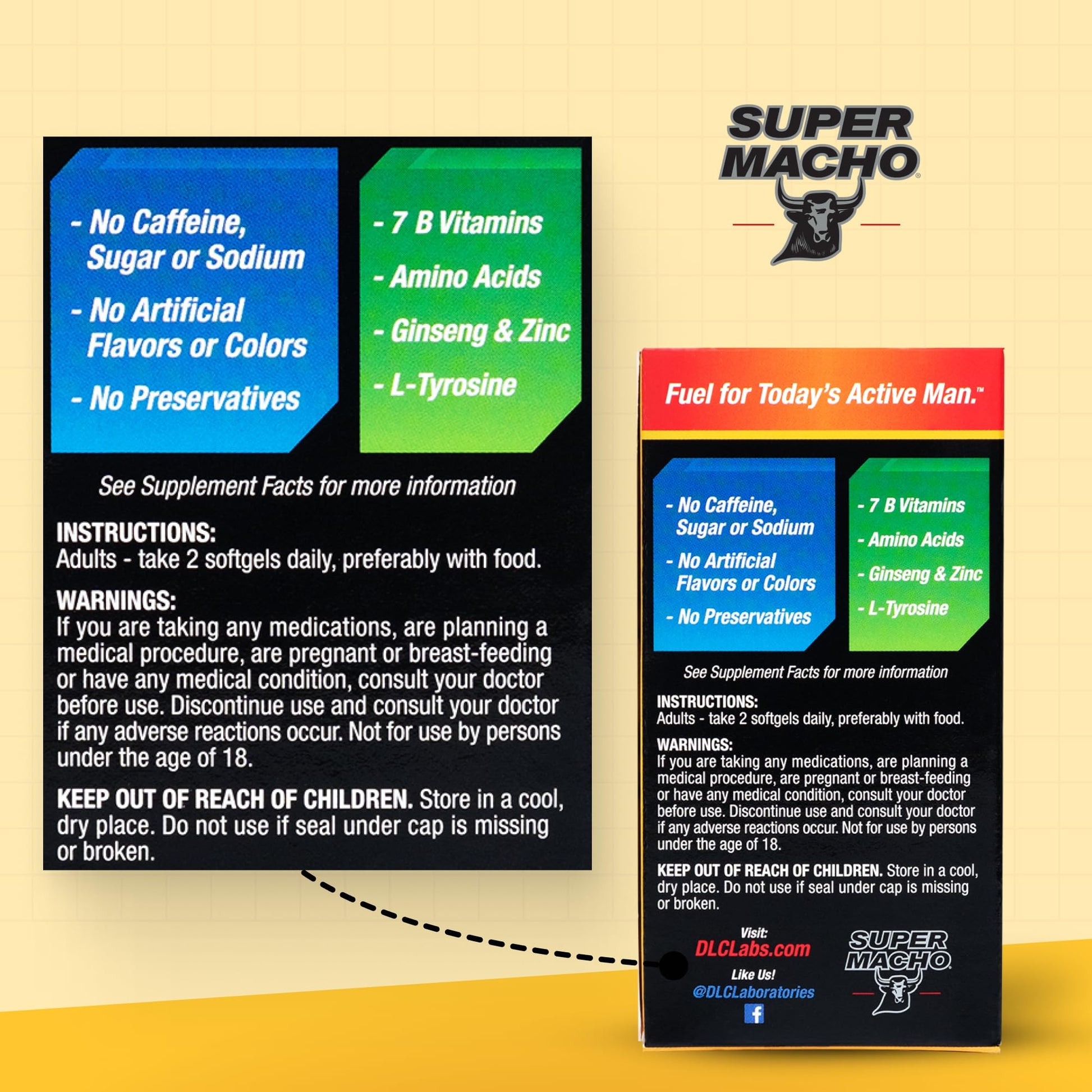 Super Macho, High Potency B Vitamins and Amino Acids, Fuel for Today's Active Men, No Caffeine, No Sugar, Dietary Supplement, Made in USA,50 Softgels - dailyvitalstore