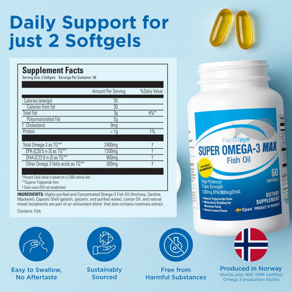 Super Max Omega-3 Fish Oil 2400 mg 30 Days, 60 Capsules - High Potency Fish Oil Omega 3 Supplements for Women & Men, Triglyceride Form with EPA and DHA Supplements No Fishy After Taste Lemon Flavor - dailyvitalstore