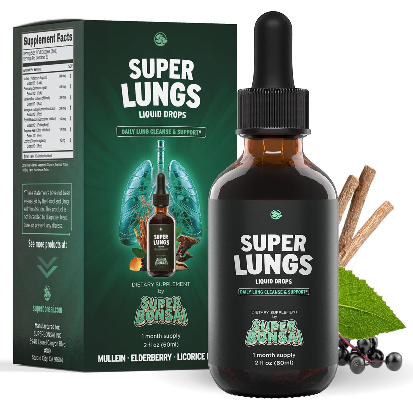 SuperBonsai Super Lungs Mullein Drops – Herbal Lung Support Tincture with Mullein Leaf Extract Elderberry Reishi Marshmallow Root - dailyvitalstore