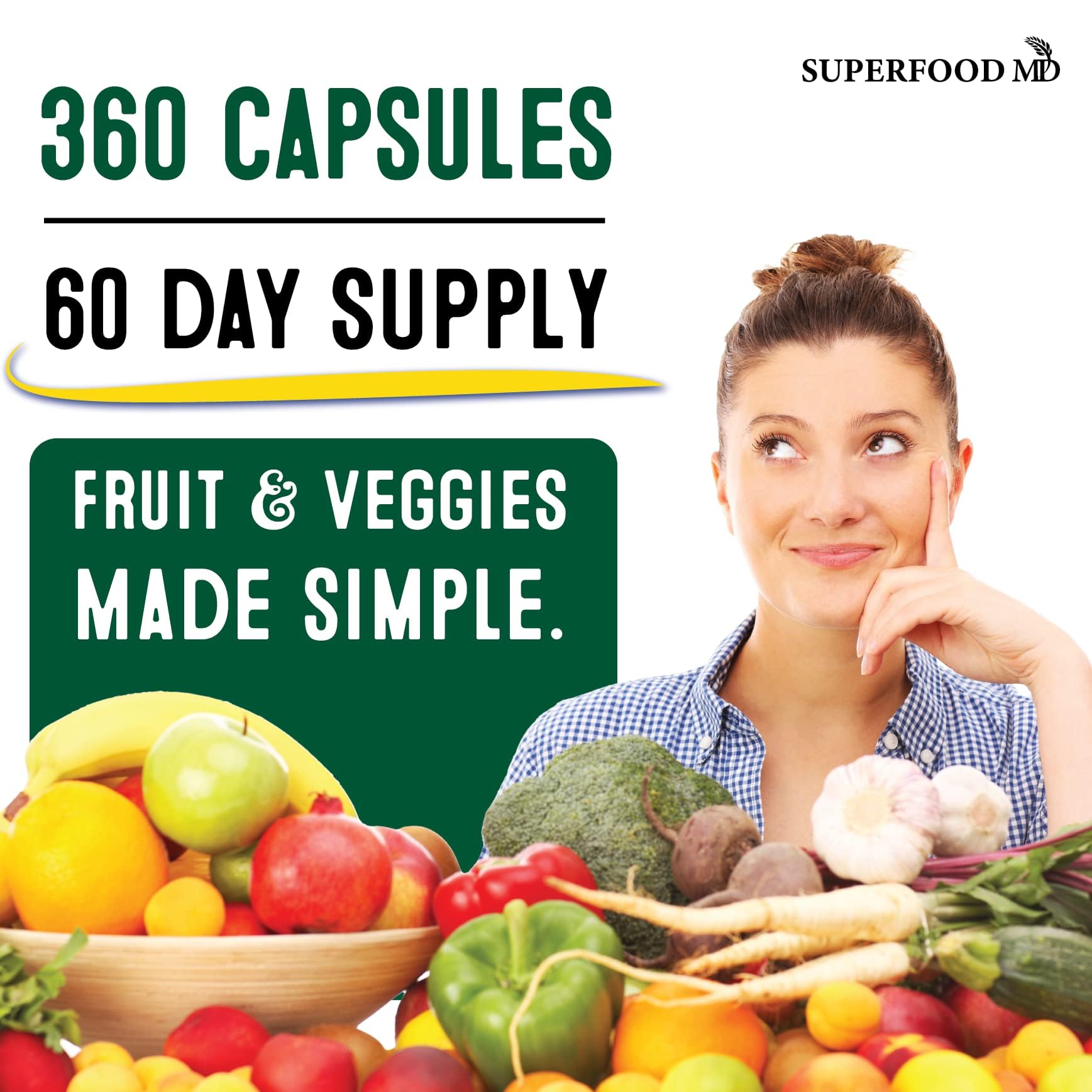Superfood Fruit and Veggie Supplement - 360 Whole Super Fruit and Vegetable Supplements & Vitamin with Beta-Carotene, Soy Free- 180 Count (Pack of 2) - dailyvitalstore