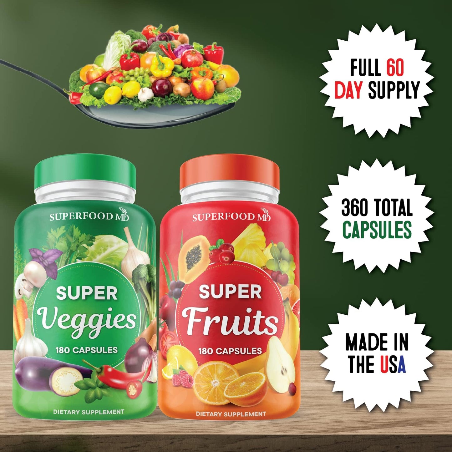 Superfood Fruit and Veggie Supplement - 360 Whole Super Fruit and Vegetable Supplements & Vitamin with Beta-Carotene, Soy Free- 180 Count (Pack of 2) - dailyvitalstore