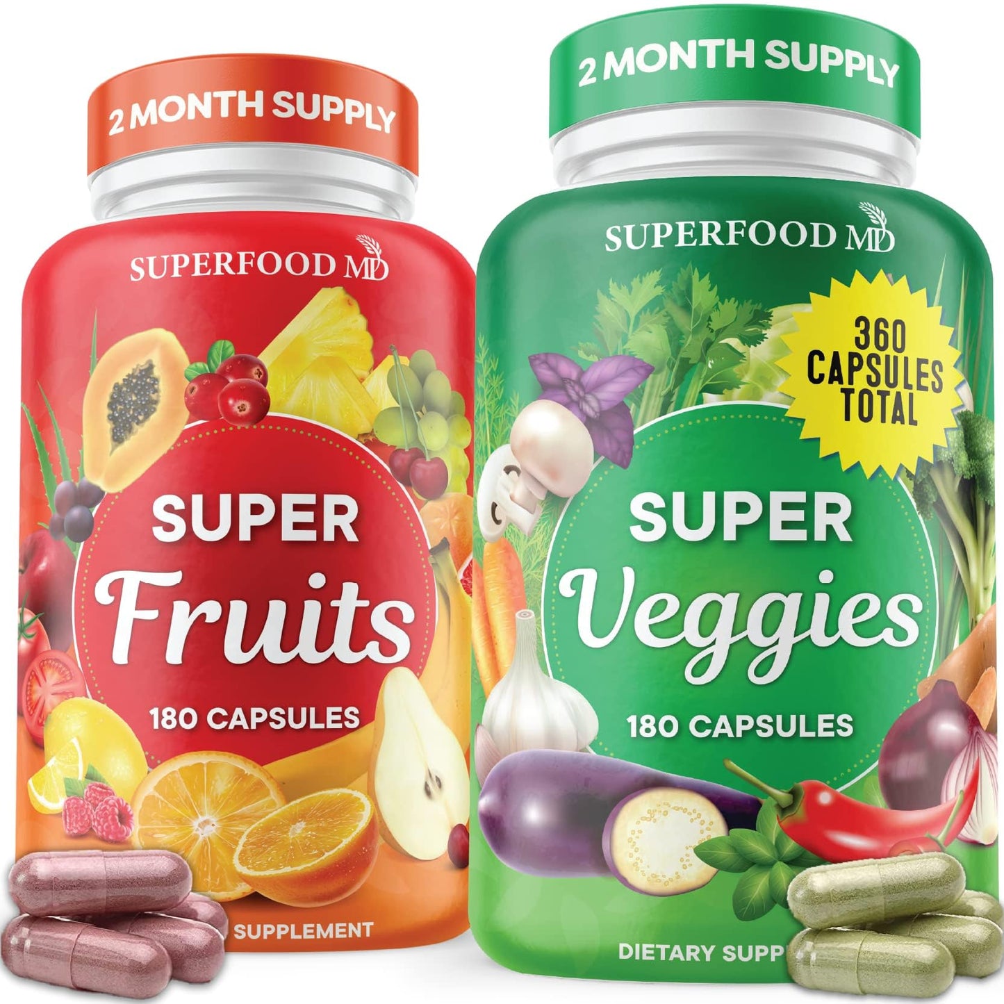 Superfood Fruit and Veggie Supplement - 360 Whole Super Fruit and Vegetable Supplements & Vitamin with Beta-Carotene, Soy Free- 180 Count (Pack of 2) - dailyvitalstore