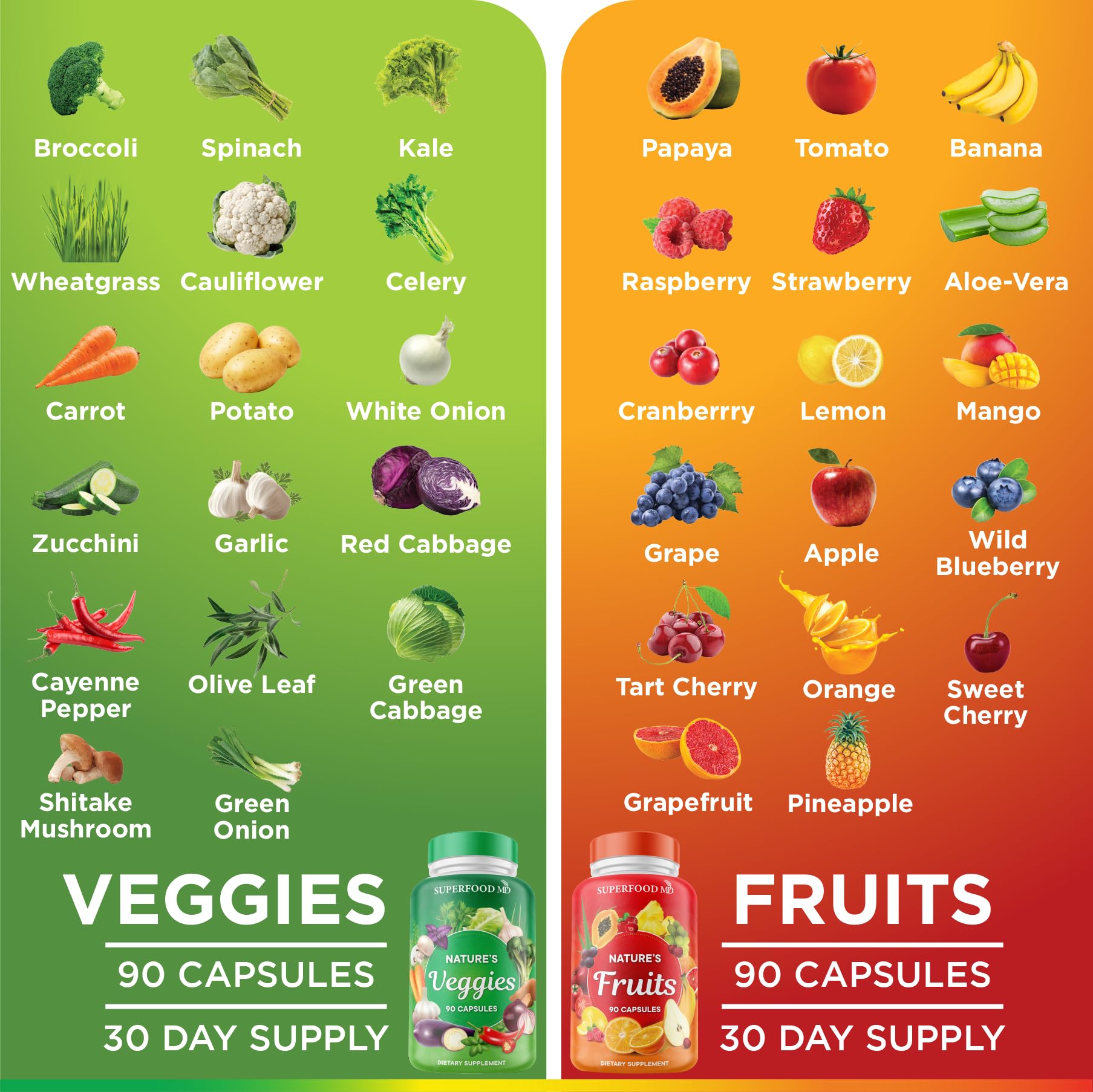 Superfood MD Fruits & Veggies Supplement - Whole Food Natural Superfoods - with Beta Carotene - Soy Free- 90 Count (Pack of 2) - dailyvitalstore