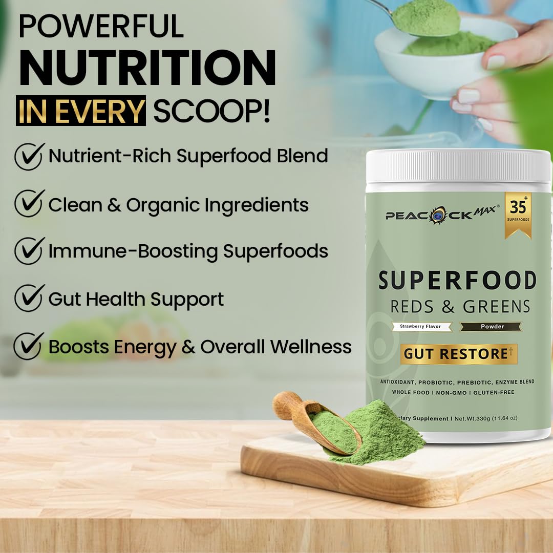Superfood Reds & Greens Powder - 11.64 oz, Prebiotics & Probiotics for Digestive Health, Super Greens Powder with Ashwagandha for Gut Health, Immunity, Antioxidants, - dailyvitalstore