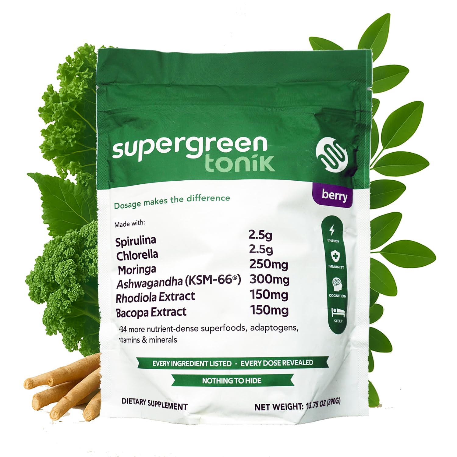 SUPERGREEN TONIK 100% Natural Greens Superfood Powder – Daily Supplement with 40 Superfoods, Vitamins and Minerals – Supports Energy, Stress and Immunity – 30 Days 360 Grams Berry Flavor (1 Bag) - dailyvitalstore