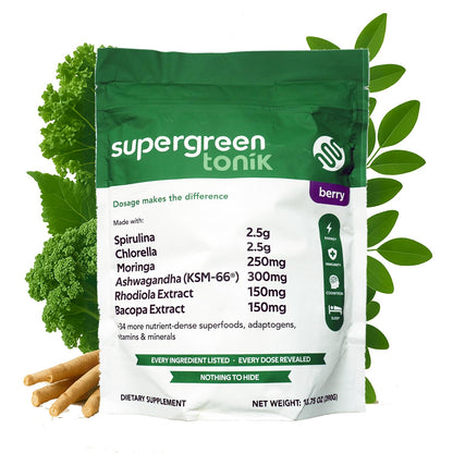 SUPERGREEN TONIK 100% Natural Greens Superfood Powder – Daily Supplement with 40 Superfoods, Vitamins and Minerals – Supports Energy, Stress and Immunity – 30 Days 360 Grams Berry Flavor (1 Bag) - dailyvitalstore