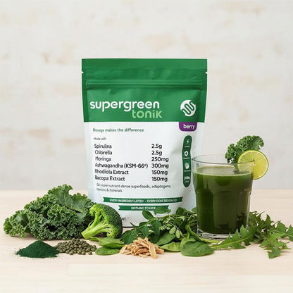 SUPERGREEN TONIK 100% Natural Greens Superfood Powder – Daily Supplement with 40 Superfoods, Vitamins and Minerals – Supports Energy, Stress and Immunity – 30 Days 360 Grams Berry Flavor (1 Bag) - dailyvitalstore