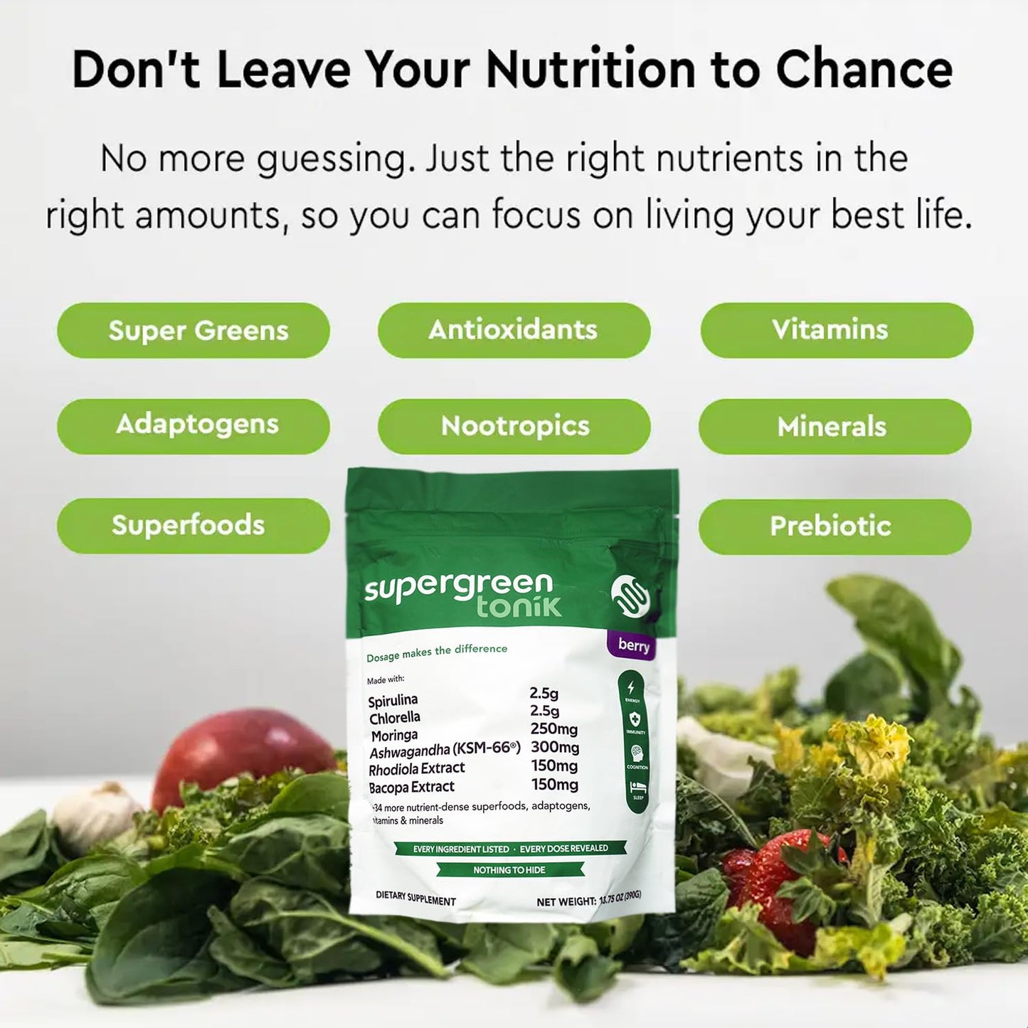 SUPERGREEN TONIK 100% Natural Greens Superfood Powder – Daily Supplement with 40 Superfoods, Vitamins and Minerals – Supports Energy, Stress and Immunity – 30 Days 360 Grams Berry Flavor (1 Bag) - dailyvitalstore