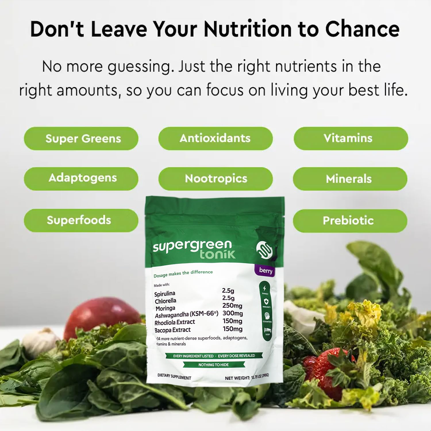 SUPERGREEN TONIK 100% Natural Greens Superfood Powder – Daily Supplement with 40 Superfoods, Vitamins and Minerals – Supports Energy, Stress and Immunity – 30 Days 360 Grams Berry Flavor (1 Bag) - dailyvitalstore