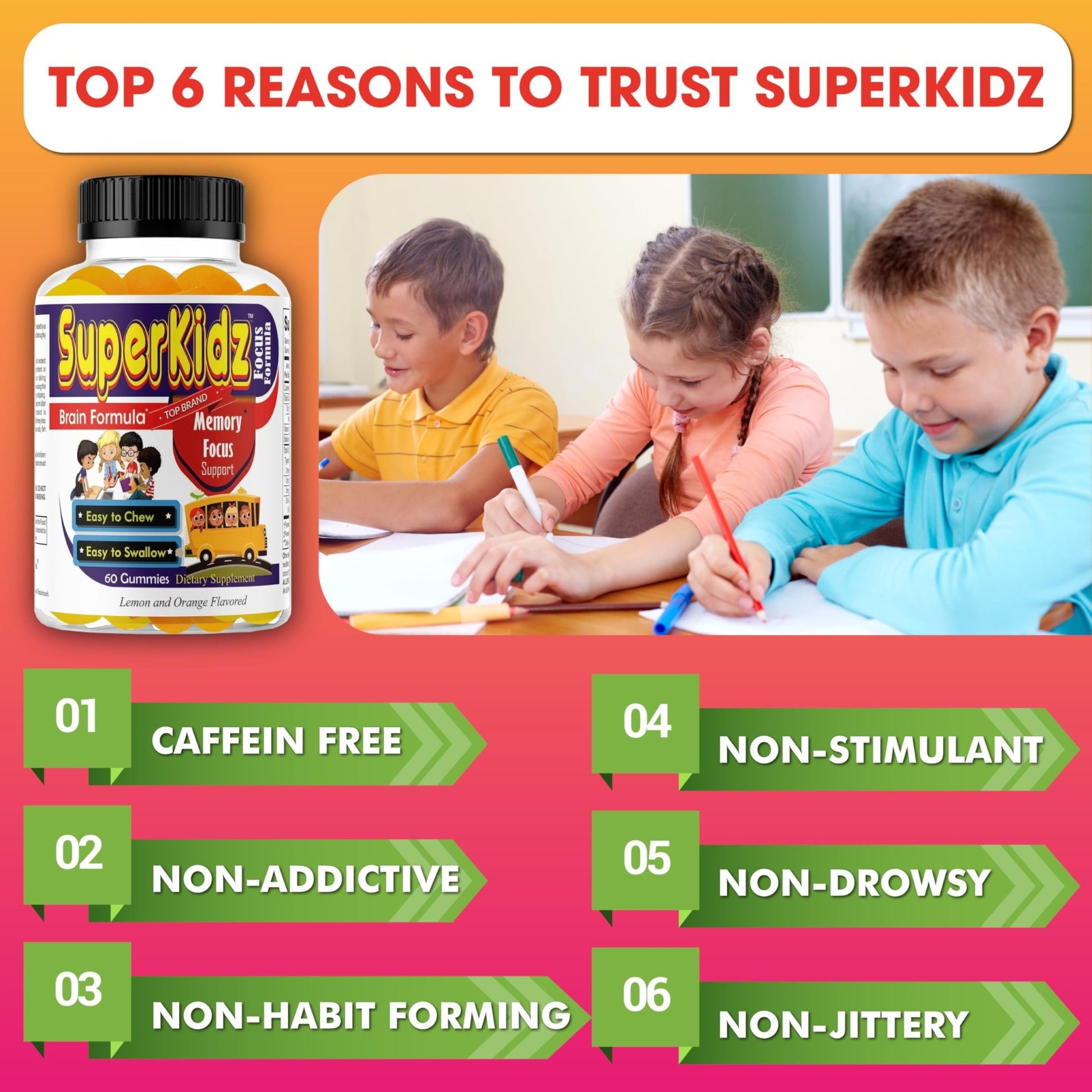 Superkids Focus Gummies for Kids, Omega 3 Gummy Kids Focus and Attention Supplements, Teen Brain Focus Vitamins, Non-GMO Gummy Vitamins, Tasty Lemon & Orange, 60 Count - dailyvitalstore