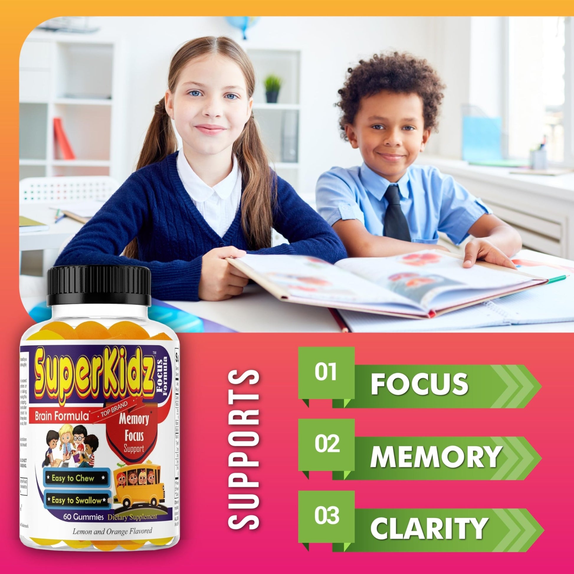 Superkids Focus Gummies for Kids, Omega 3 Gummy Kids Focus and Attention Supplements, Teen Brain Focus Vitamins, Non-GMO Gummy Vitamins, Tasty Lemon & Orange, 60 Count - dailyvitalstore