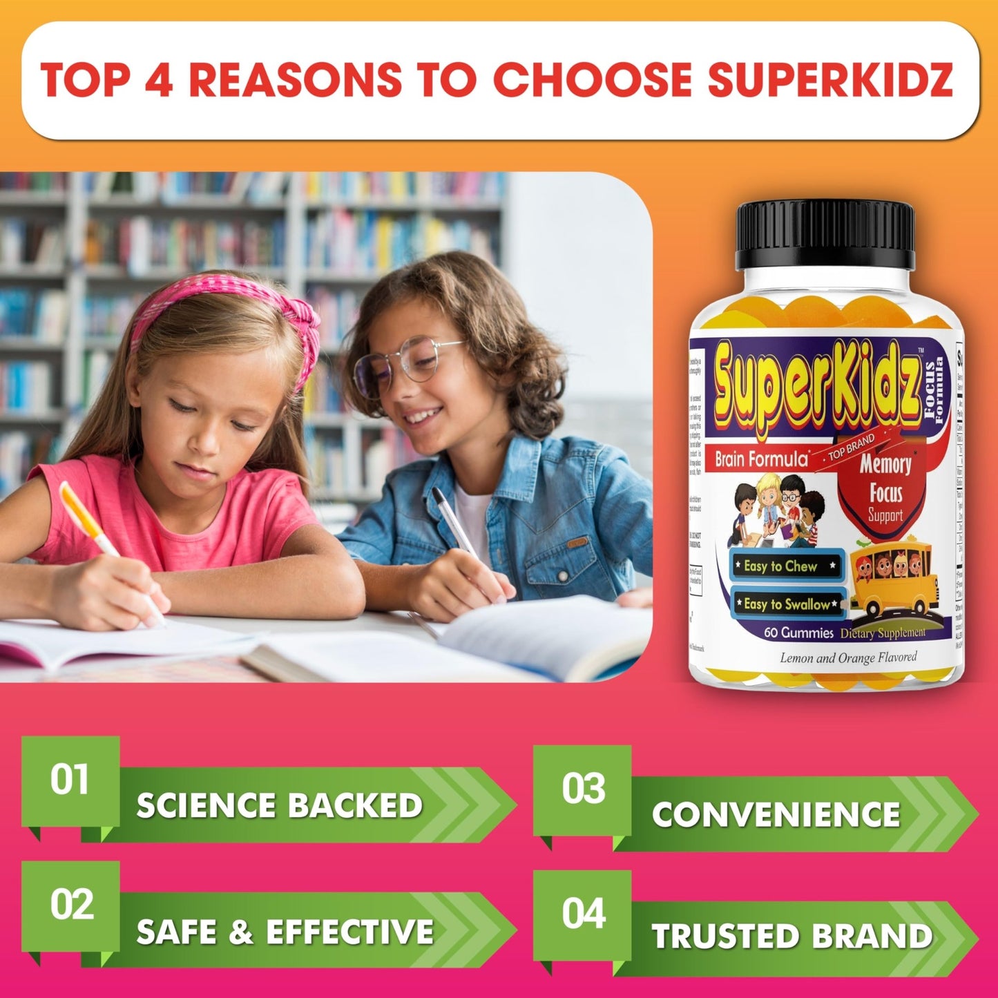 Superkids Focus Gummies for Kids, Omega 3 Gummy Kids Focus and Attention Supplements, Teen Brain Focus Vitamins, Non-GMO Gummy Vitamins, Tasty Lemon & Orange, 60 Count - dailyvitalstore