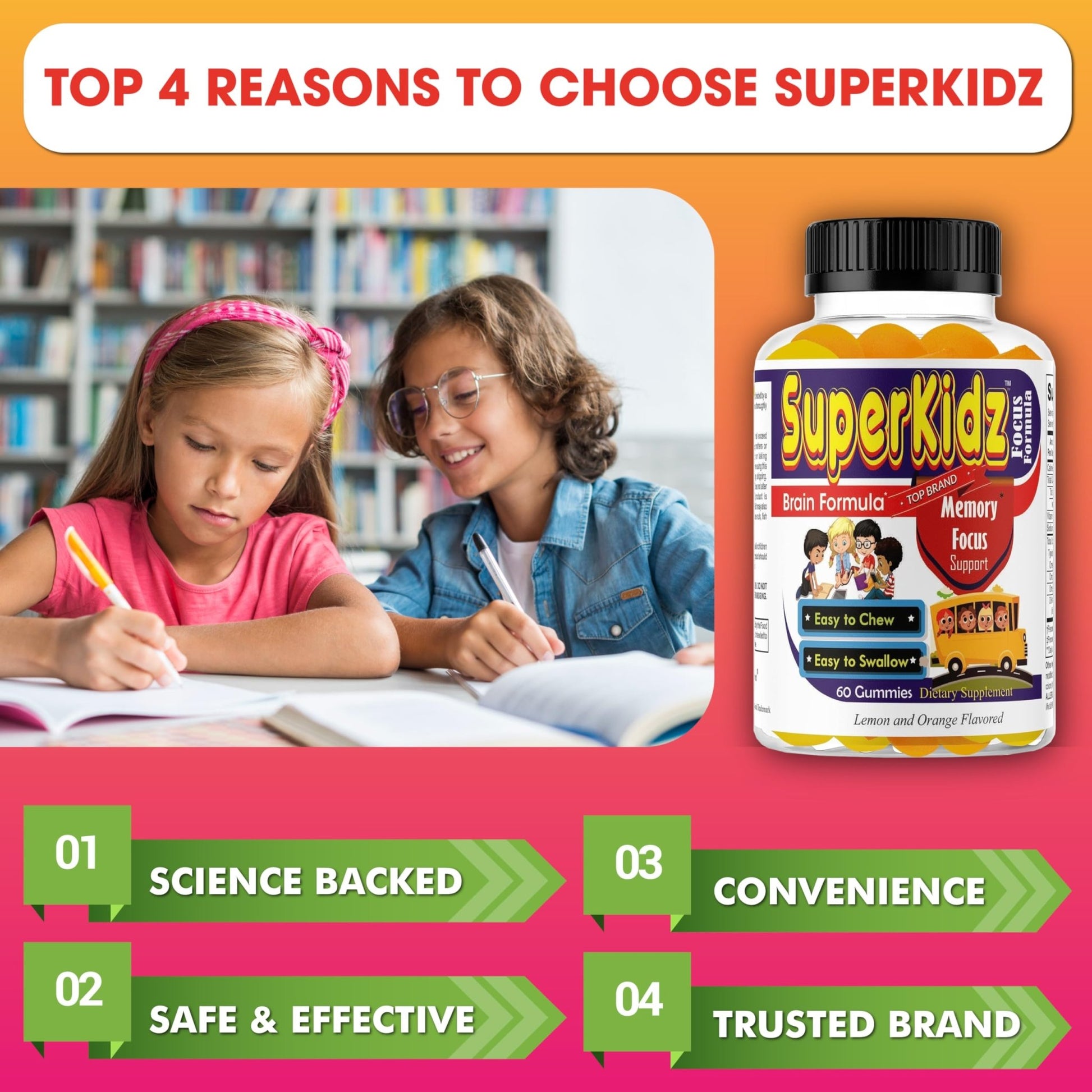 Superkids Focus Gummies for Kids, Omega 3 Gummy Kids Focus and Attention Supplements, Teen Brain Focus Vitamins, Non-GMO Gummy Vitamins, Tasty Lemon & Orange, 60 Count - dailyvitalstore