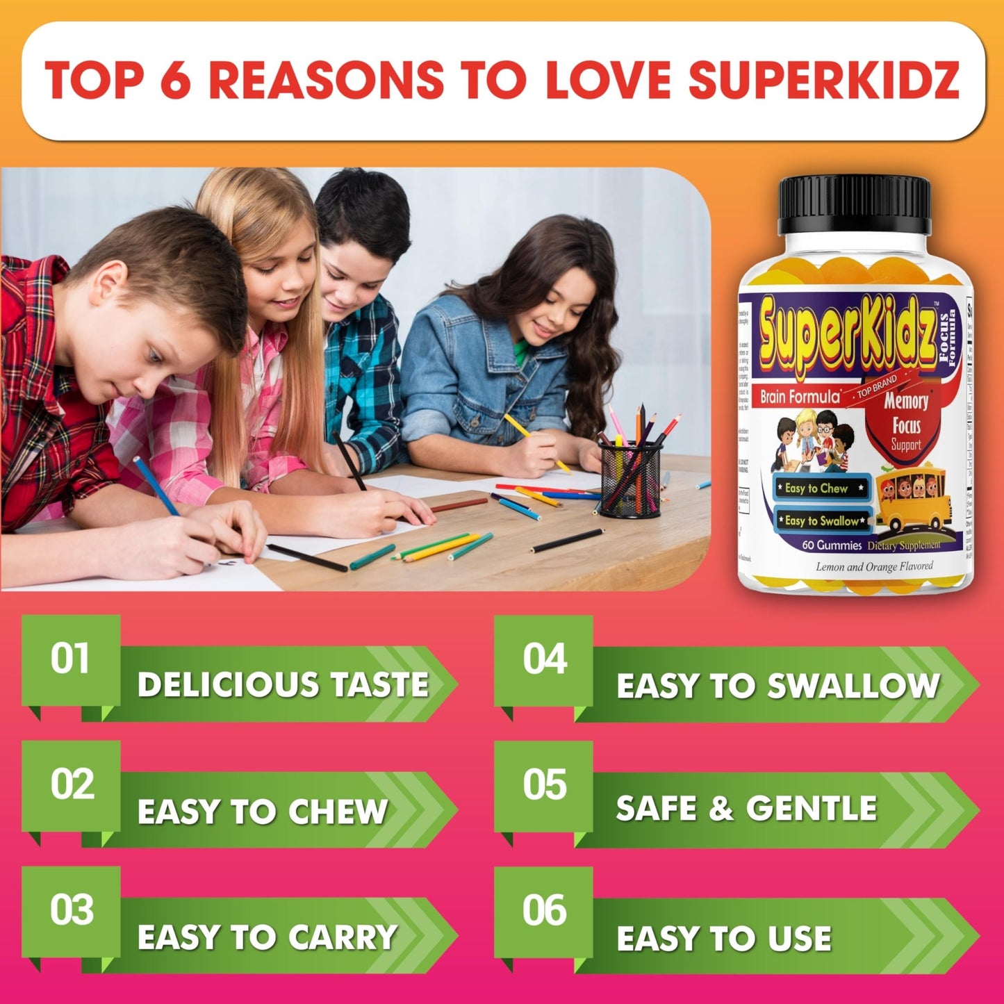 Superkids Focus Gummies for Kids, Omega 3 Gummy Kids Focus and Attention Supplements, Teen Brain Focus Vitamins, Non-GMO Gummy Vitamins, Tasty Lemon & Orange, 60 Count - dailyvitalstore
