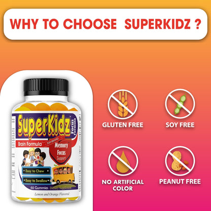 Superkids Focus Gummies for Kids, Omega 3 Gummy Kids Focus and Attention Supplements, Teen Brain Focus Vitamins, Non-GMO Gummy Vitamins, Tasty Lemon & Orange, 60 Count - dailyvitalstore