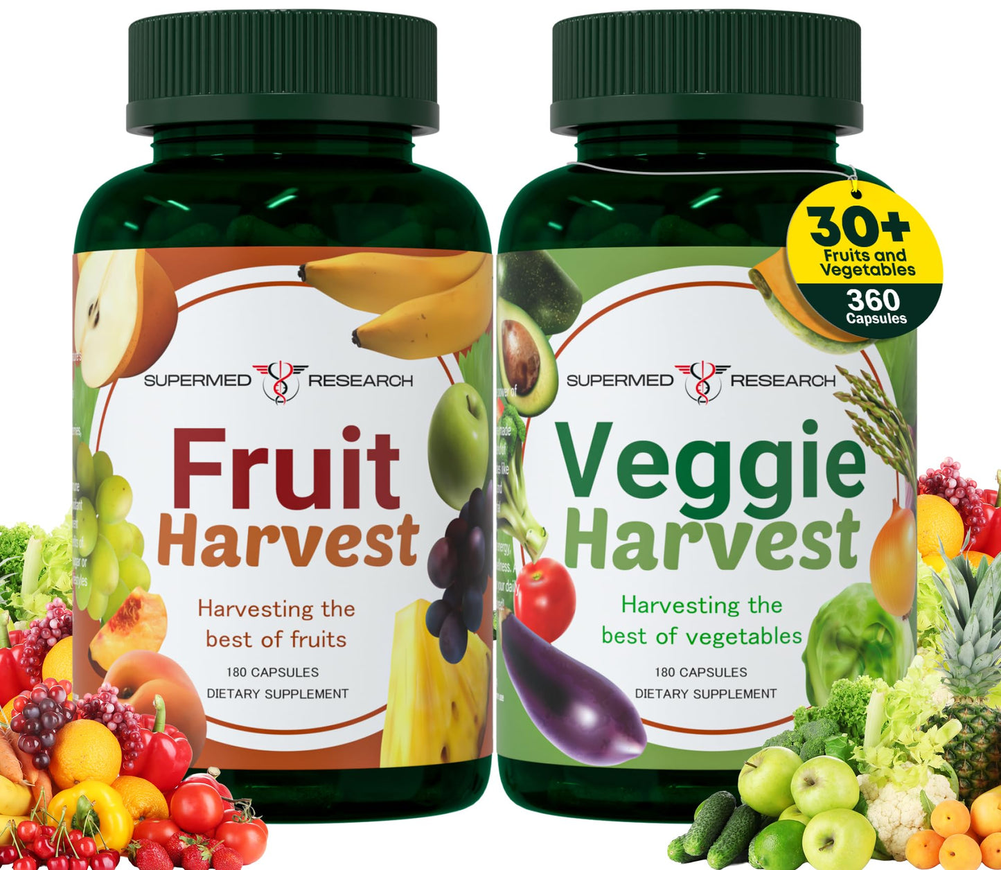 Supermed Research Fruits and Vegetables Supplements – 2 Pack Combination Fruit & Veggies Supplement – Whole Food Vitamins & Minerals for Adults – Superfood Veggie Vitamins for Adults (180 x 2, 360 Ct) - dailyvitalstore