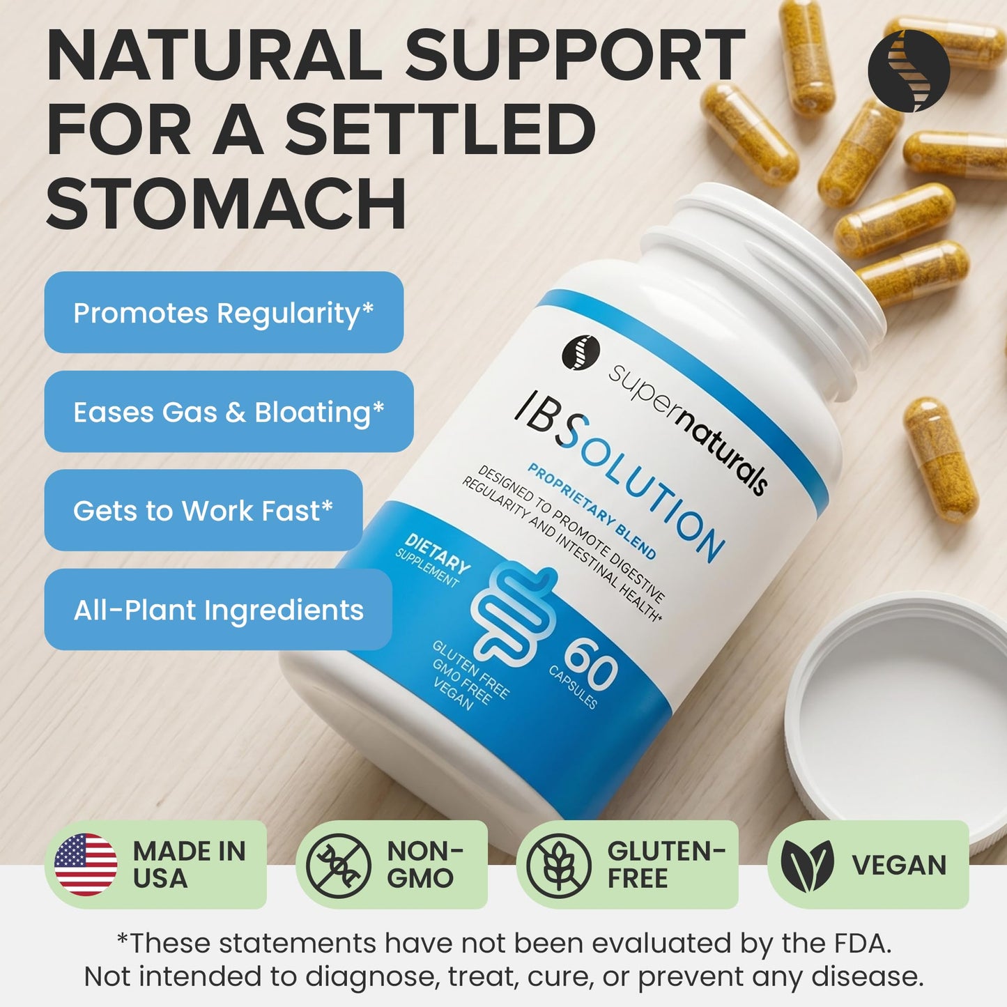 SuperNaturals IBSolution - Made in USA, Non-GMO, Gluten Free & Vegan (60 Capsules) - Digestive Gut Health Supplement With Psyllium Husk - Gas, Bloating, Diarrhea - dailyvitalstore