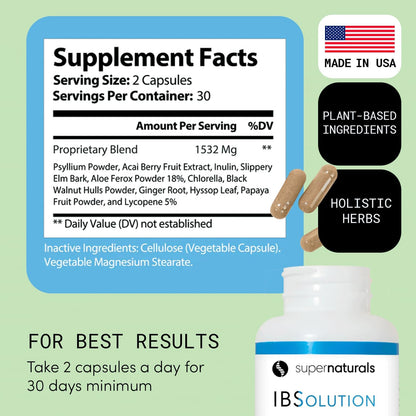 SuperNaturals IBSolution - Made in USA, Non-GMO, Gluten Free & Vegan (60 Capsules) - Digestive Gut Health Supplement With Psyllium Husk - Gas, Bloating, Diarrhea - dailyvitalstore