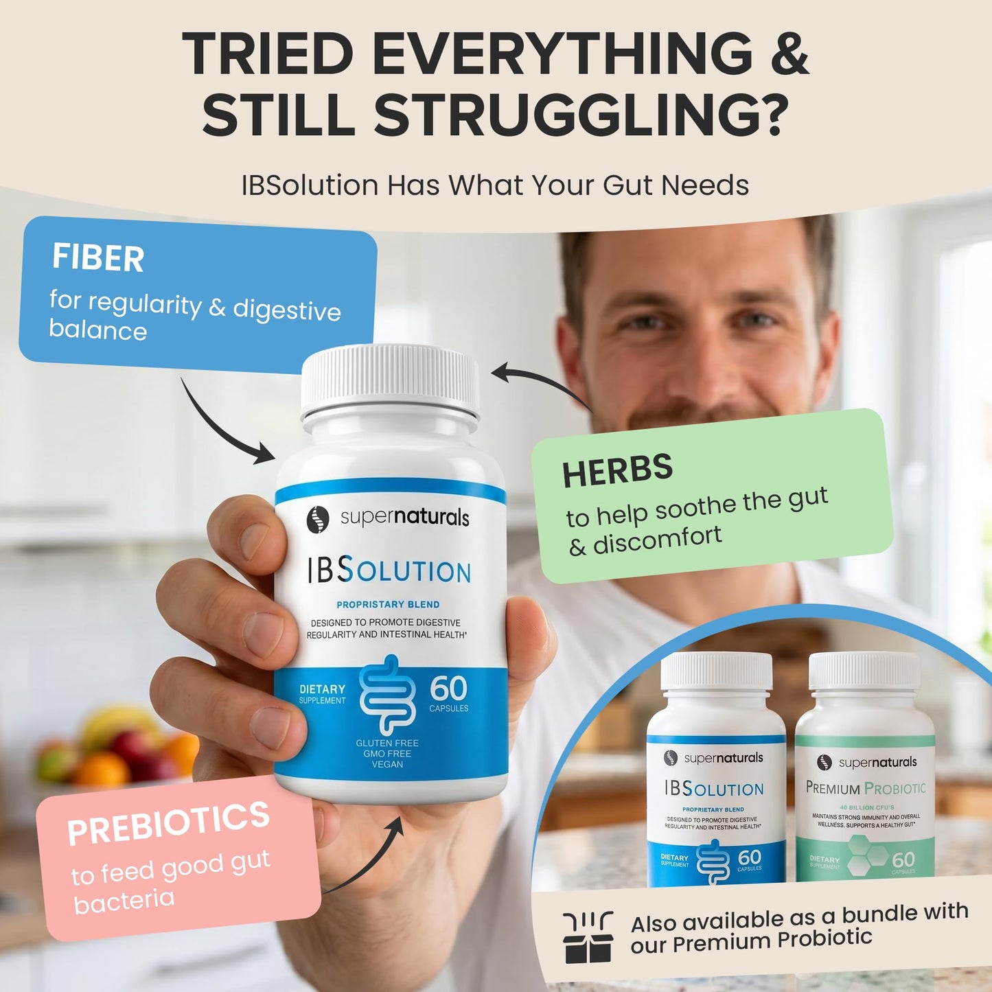 SuperNaturals IBSolution - Made in USA, Non-GMO, Gluten Free & Vegan (60 Capsules) - Digestive Gut Health Supplement With Psyllium Husk - Gas, Bloating, Diarrhea - dailyvitalstore