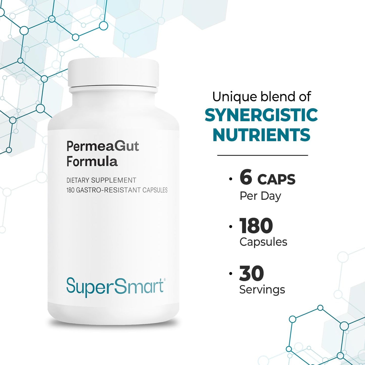 Supersmart PermeaGut Formula (High Potency) - with L-Glutamine, ButiShield Calcium Butyrate, Zinc-L-Carnosine - Gut Barrier Support | Vegan & Gluten Free - 180 Gastro-Resistant Capsules - dailyvitalstore