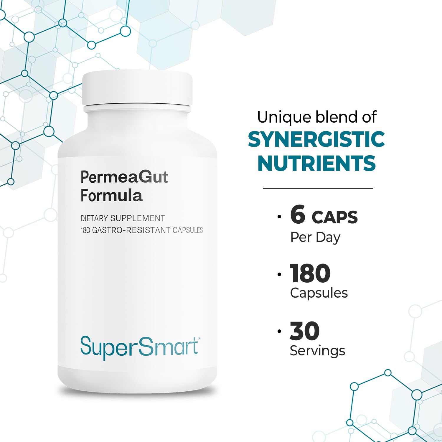 Supersmart PermeaGut Formula (High Potency) - with L-Glutamine, ButiShield Calcium Butyrate, Zinc-L-Carnosine - Gut Barrier Support | Vegan & Gluten Free - 180 Gastro-Resistant Capsules - dailyvitalstore