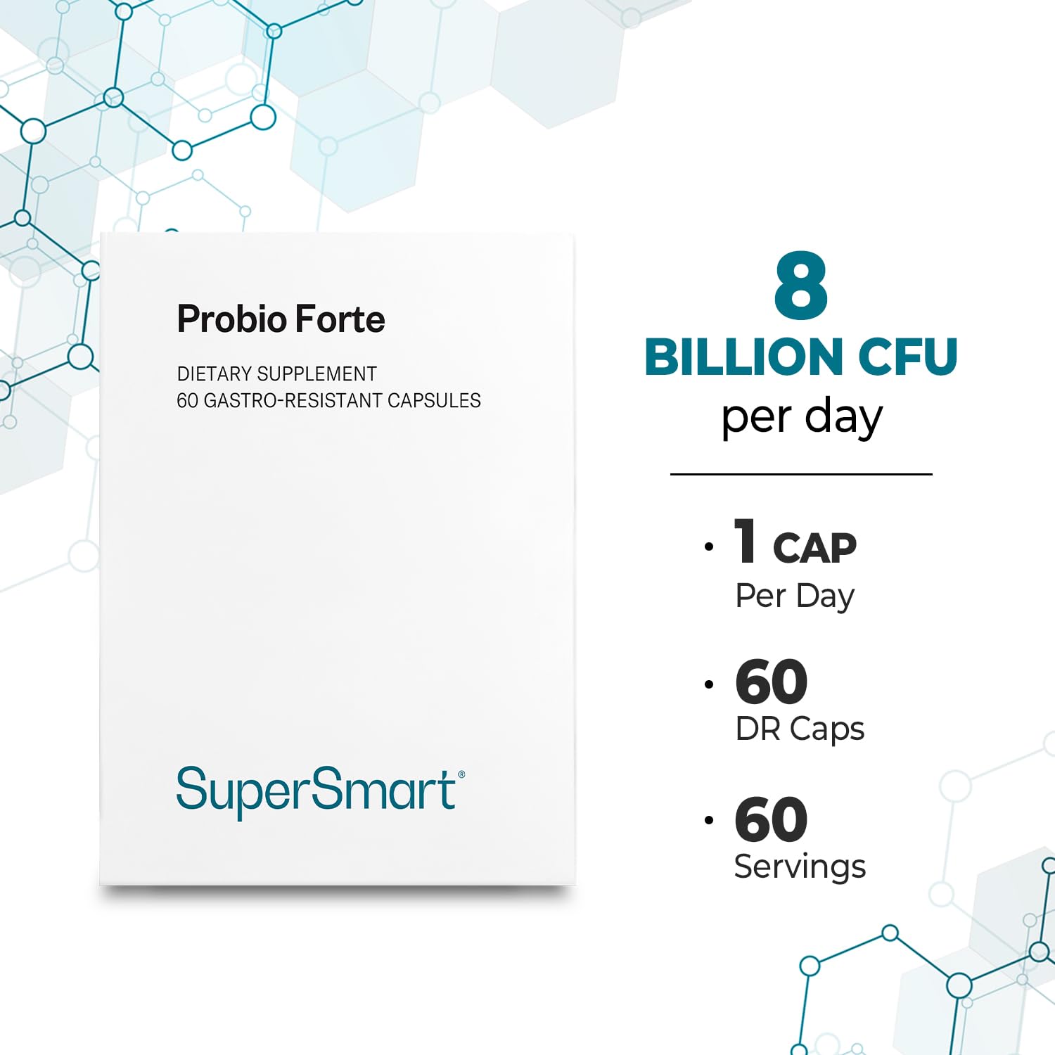 Supersmart - Probio Forte 8 Billion CFU per Capsule (Advanced Formula) - Daily Probiotics Supplement for Women & Men | Non-GMO & Gluten-Free - 60 DR Caps - dailyvitalstore
