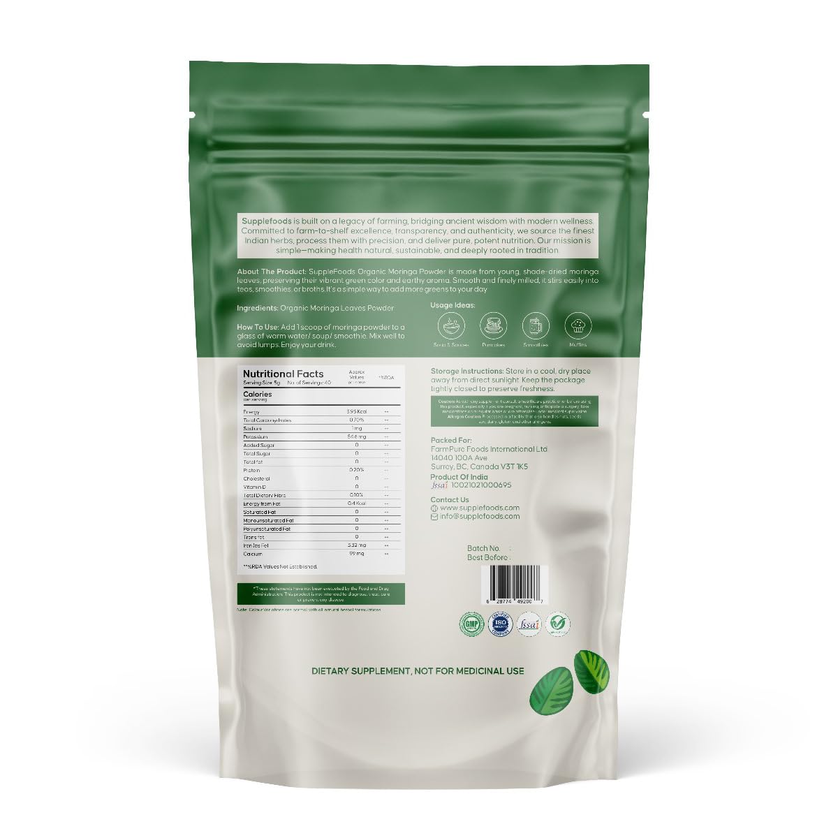 supplefoods Organic Moringa Powder 200 g / 7.05 oz | 100% Natural Green Superfood | Assists Digestion & Daily Detox | Finely Milled Moringa Leaf Powder | USDA Certified Organic Dietary Supplement - dailyvitalstore