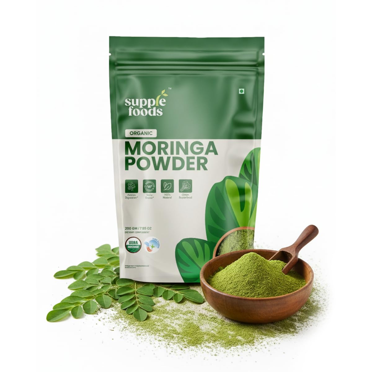 supplefoods Organic Moringa Powder 200 g / 7.05 oz | 100% Natural Green Superfood | Assists Digestion & Daily Detox | Finely Milled Moringa Leaf Powder | USDA Certified Organic Dietary Supplement - dailyvitalstore