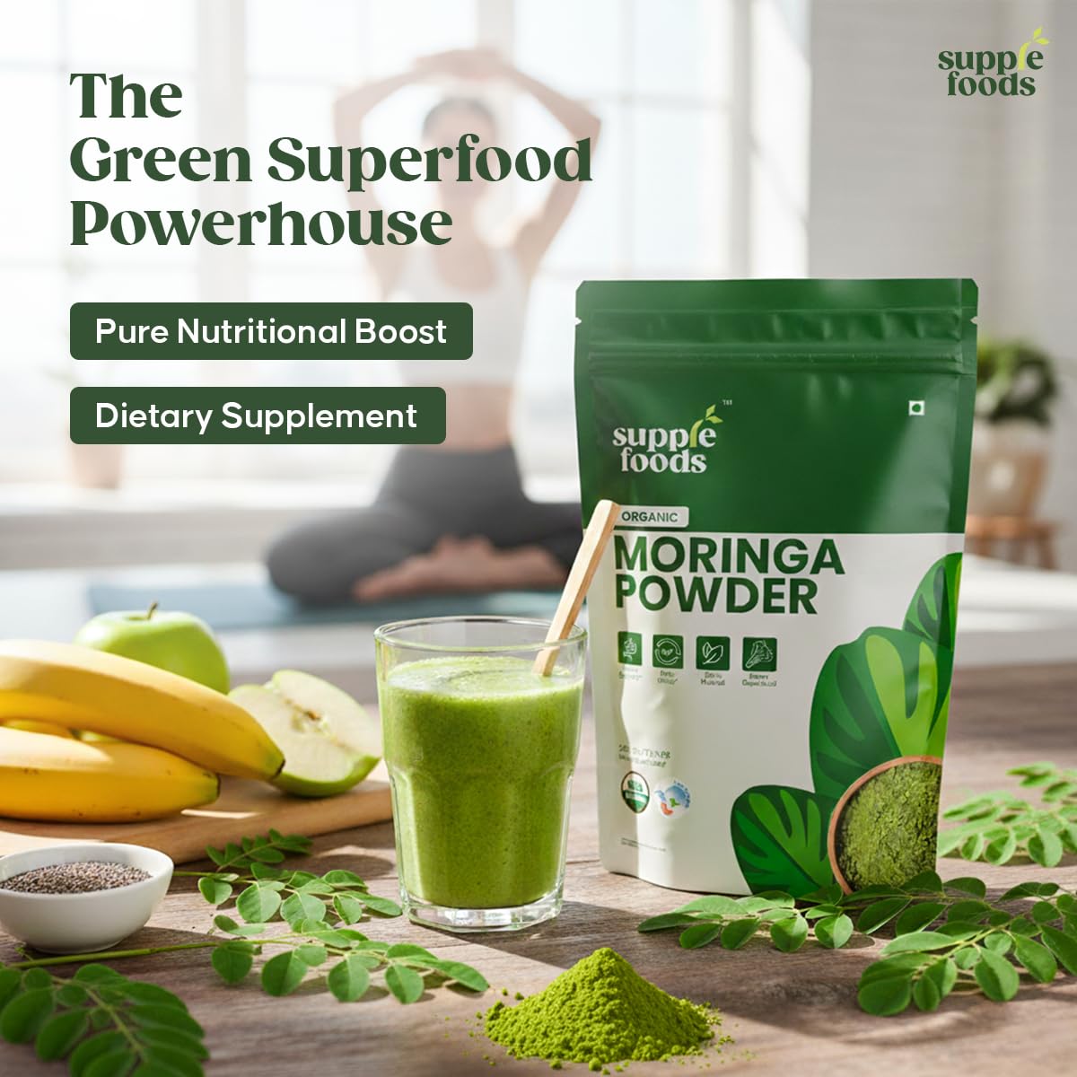 supplefoods Organic Moringa Powder 200 g / 7.05 oz | 100% Natural Green Superfood | Assists Digestion & Daily Detox | Finely Milled Moringa Leaf Powder | USDA Certified Organic Dietary Supplement - dailyvitalstore