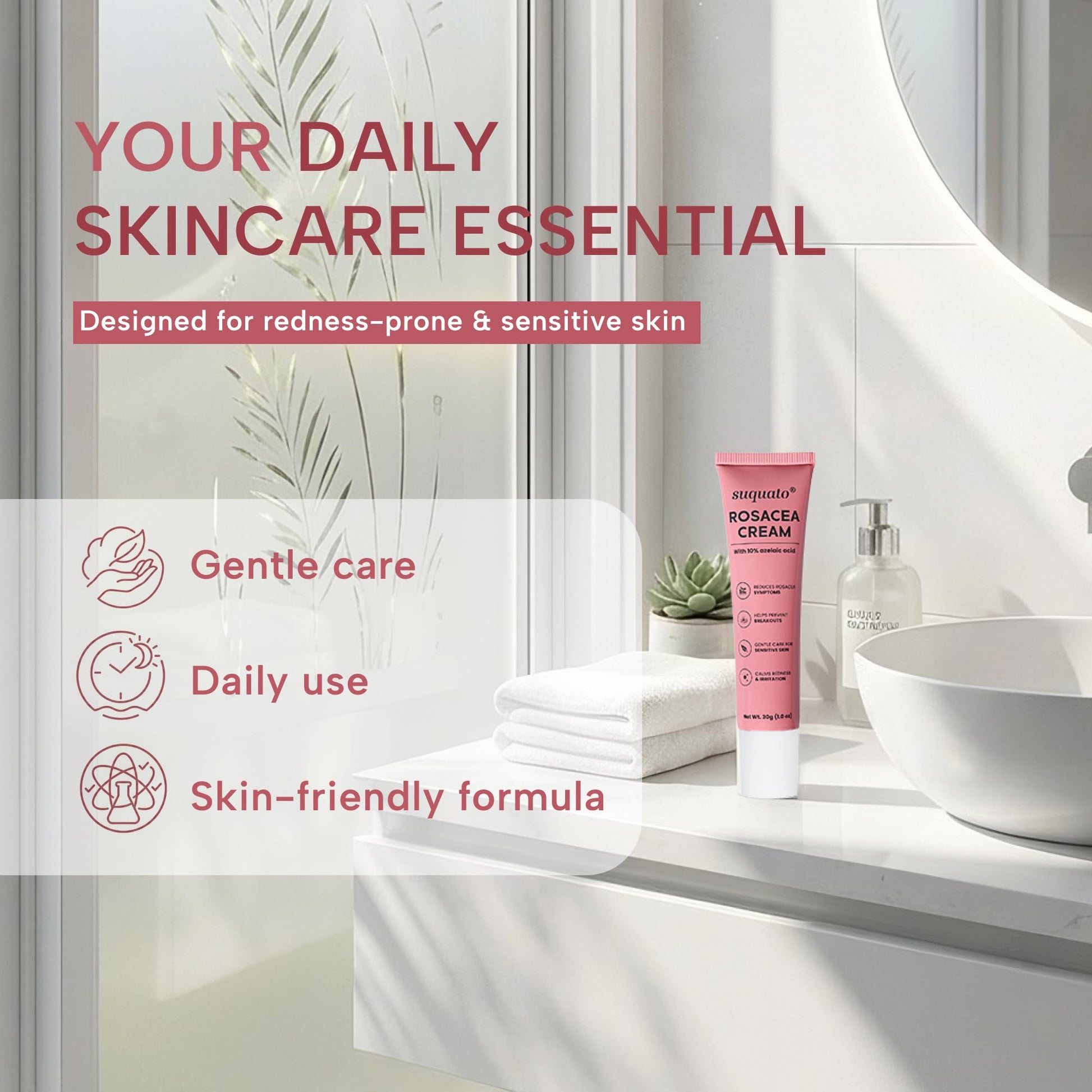 suquato 10% Azelaic Acid Cream – Rosacea Treatment for Face & Redness Reducing Face Cream – Redness & Blemish Care for Sensitive Skin - dailyvitalstore