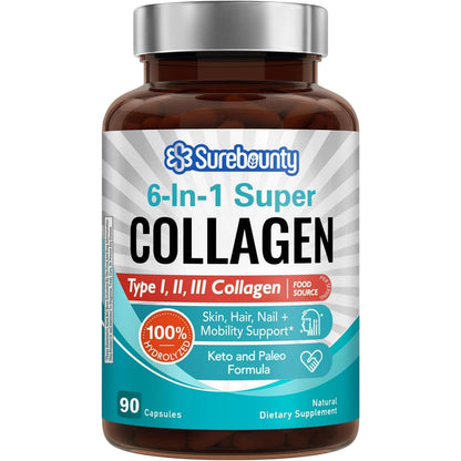 Surebounty Multi Collagen Complex, Type I, II, III, 6-in-1 Super Collagen with Vitamin C, Hyaluronic Acid, Biotin, Turmeric, Black Pepper, Keto, 90 Capsules - dailyvitalstore