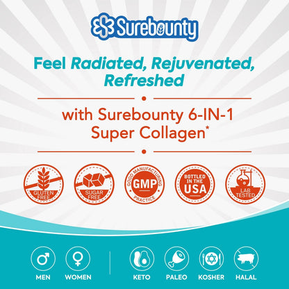 Surebounty Multi Collagen Complex, Type I, II, III, 6-in-1 Super Collagen with Vitamin C, Hyaluronic Acid, Biotin, Turmeric, Black Pepper, Keto, 90 Capsules - dailyvitalstore