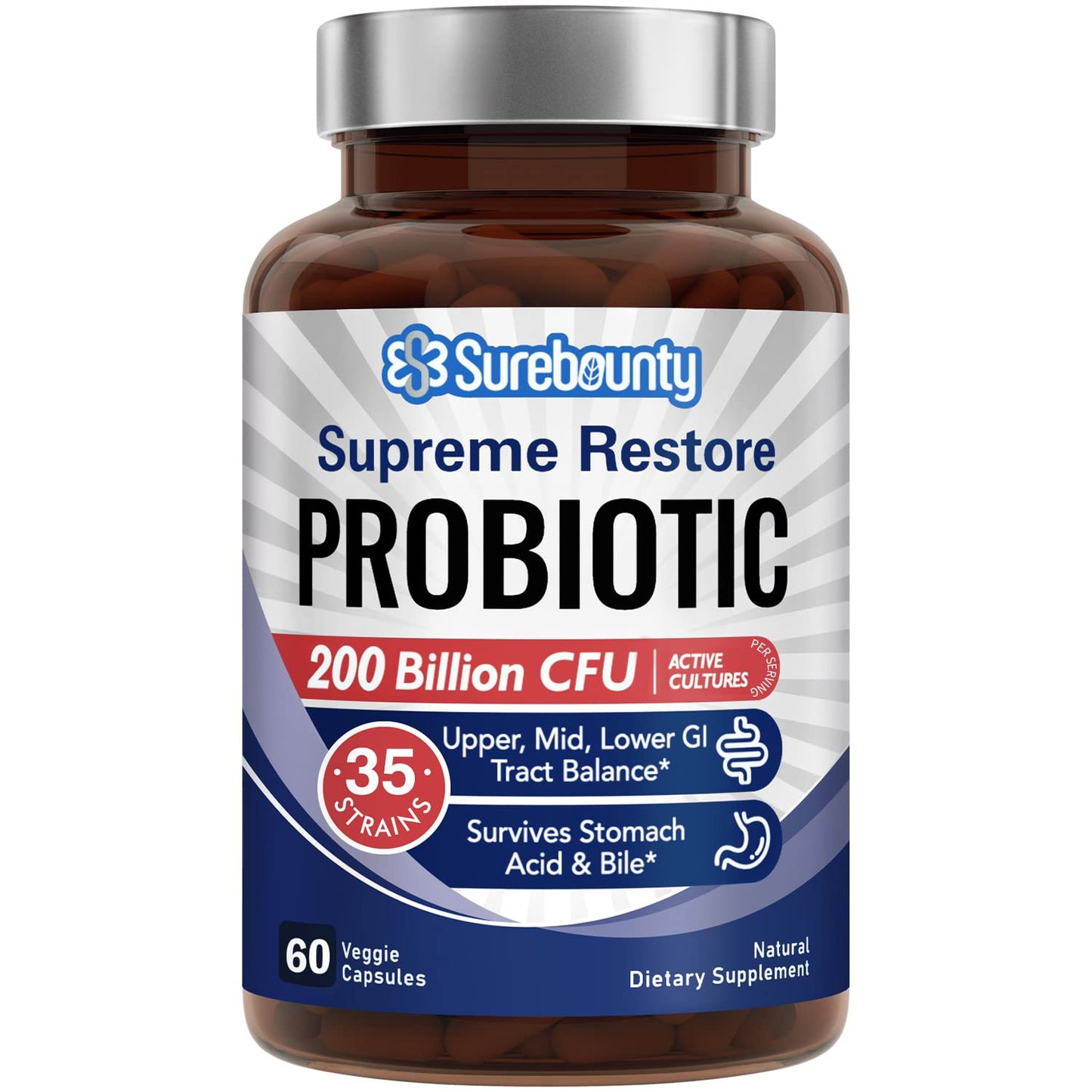 Surebounty Probiotic for Men & Women, 200 Billion CFU 35 Strains, Prebiotics + Digestive Enzymes, Supreme Restore Probiotic Supplement, - dailyvitalstore