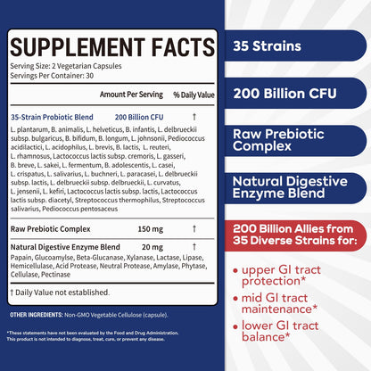 Surebounty Probiotic for Men & Women, 200 Billion CFU 35 Strains, Prebiotics + Digestive Enzymes, Supreme Restore Probiotic Supplement, - dailyvitalstore