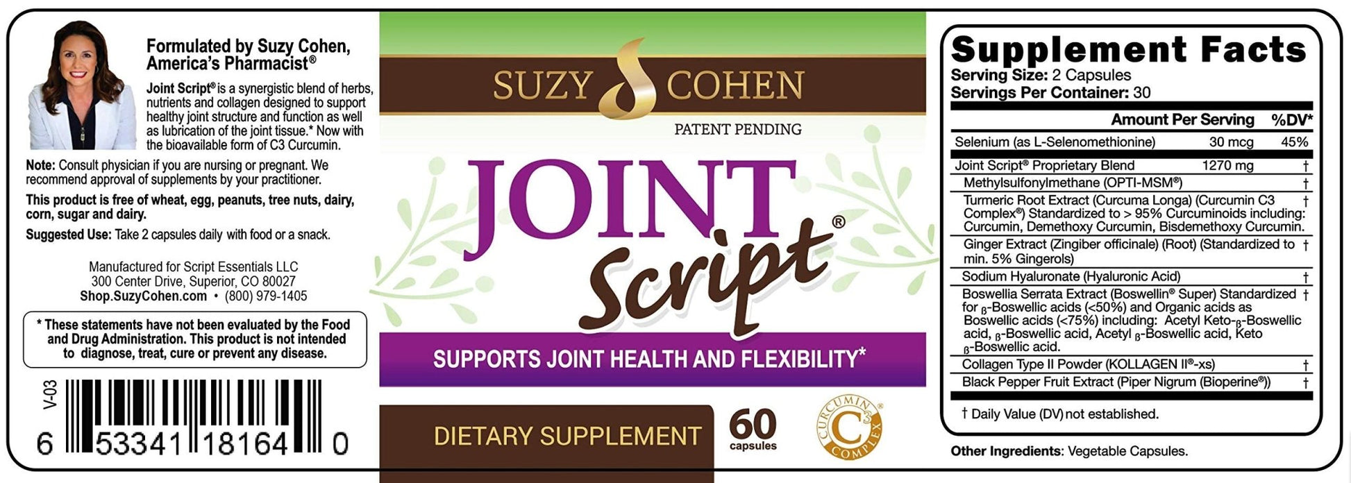 Suzy Cohen Joint Script Joint Support Supplement with Hyaluronic Acid, C3 Curcumin Turmeric Extract, MSM, Collagen Peptides, Ginger, and Boswellia for Maximum Flexibility, Tendon and Cartilage Health - dailyvitalstore