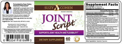 Suzy Cohen Joint Script Joint Support Supplement with Hyaluronic Acid, C3 Curcumin Turmeric Extract, MSM, Collagen Peptides, Ginger, and Boswellia for Maximum Flexibility, Tendon and Cartilage Health - dailyvitalstore