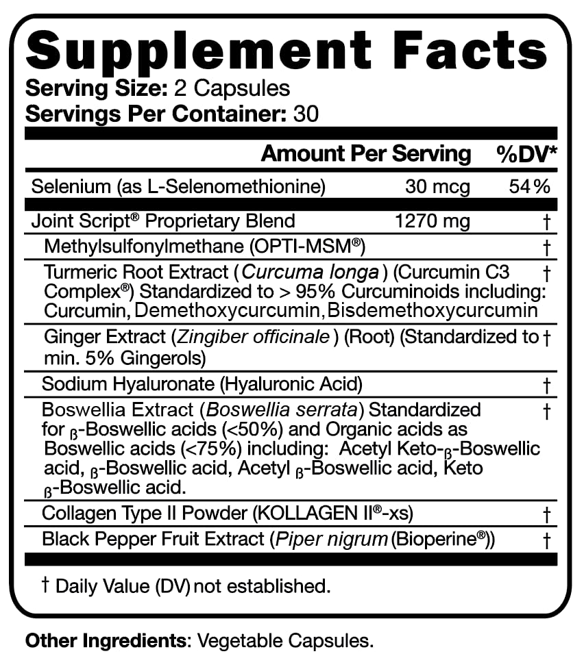 Suzy Cohen Joint Script Joint Support Supplement with Hyaluronic Acid, C3 Curcumin Turmeric Extract, MSM, Collagen Peptides, Ginger, and Boswellia for Maximum Flexibility, Tendon and Cartilage Health - dailyvitalstore