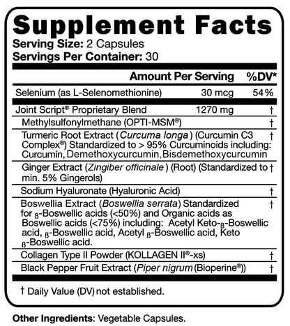 Suzy Cohen Joint Script Joint Support Supplement with Hyaluronic Acid, C3 Curcumin Turmeric Extract, MSM, Collagen Peptides, Ginger, and Boswellia for Maximum Flexibility, Tendon and Cartilage Health - dailyvitalstore