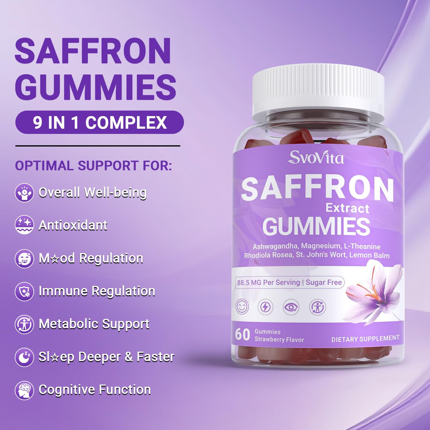 Svovita Saffron Supplements Gummies with Saffron Extract, Sugar Free 60 Count - dailyvitalstore