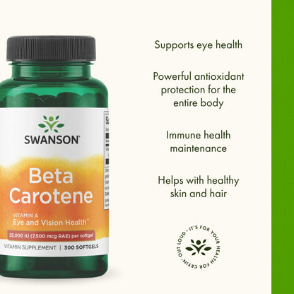 Swanson Beta-Carotene Vitamin A 25,000 IU Eye and Skin Health Supplement for Adults Seeking Vision and Immune Support - 7,500 mcg (300 Softgels) - dailyvitalstore