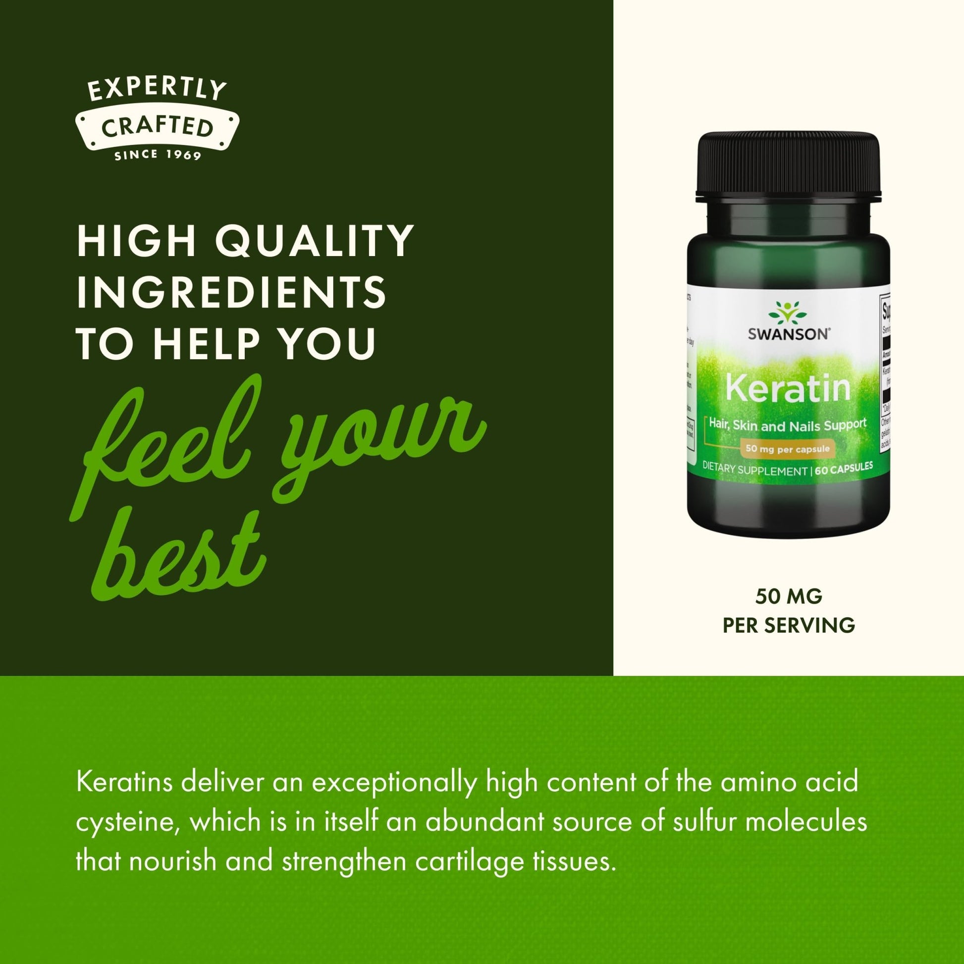 Swanson Keratin (from Tibetan Wool) - Natural Supplement Promoting Healthy Joints, Hair, Skin & Nails - Helps Nourish Healthy Connective Tissues - (60 Capsules, 50mg Each) - dailyvitalstore