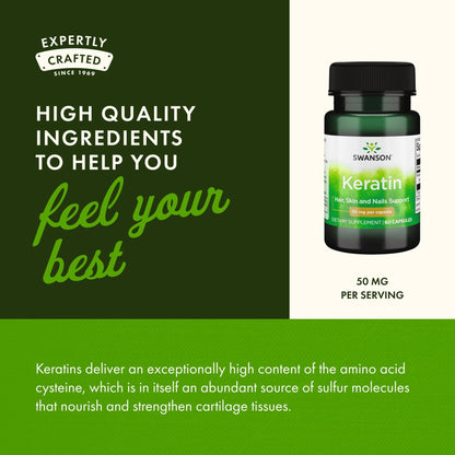 Swanson Keratin (from Tibetan Wool) - Natural Supplement Promoting Healthy Joints, Hair, Skin & Nails - Helps Nourish Healthy Connective Tissues - (60 Capsules, 50mg Each) - dailyvitalstore