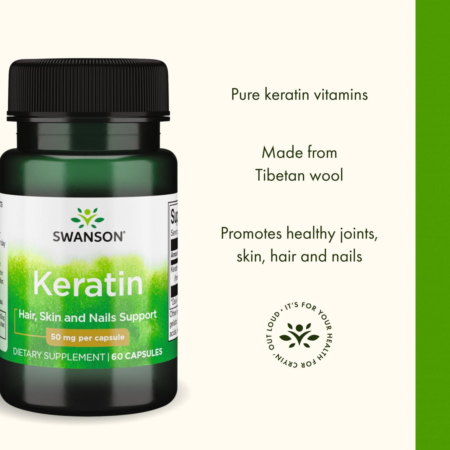 Swanson Keratin (from Tibetan Wool) - Natural Supplement Promoting Healthy Joints, Hair, Skin & Nails - Helps Nourish Healthy Connective Tissues - (60 Capsules, 50mg Each) - dailyvitalstore