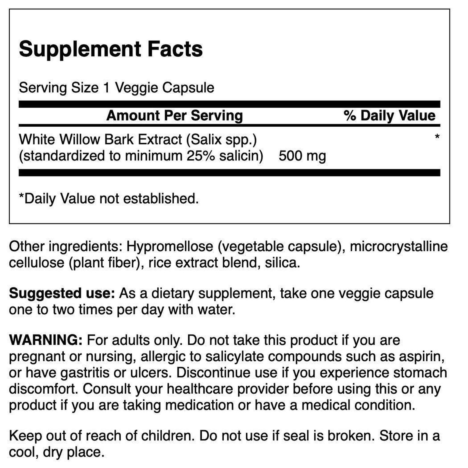 Swanson Maximum Strength White Willow Bark Extract-Promotes Joint Support & Muscle Relief-Standardized to 25% Salicin-Natural Supplement with No Stomach Irritation (60 Veggie Caps, 500mg Each) - dailyvitalstore