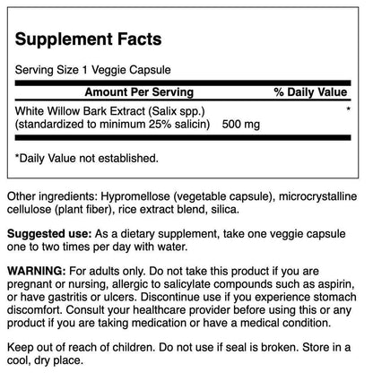 Swanson Maximum Strength White Willow Bark Extract-Promotes Joint Support & Muscle Relief-Standardized to 25% Salicin-Natural Supplement with No Stomach Irritation (60 Veggie Caps, 500mg Each) - dailyvitalstore