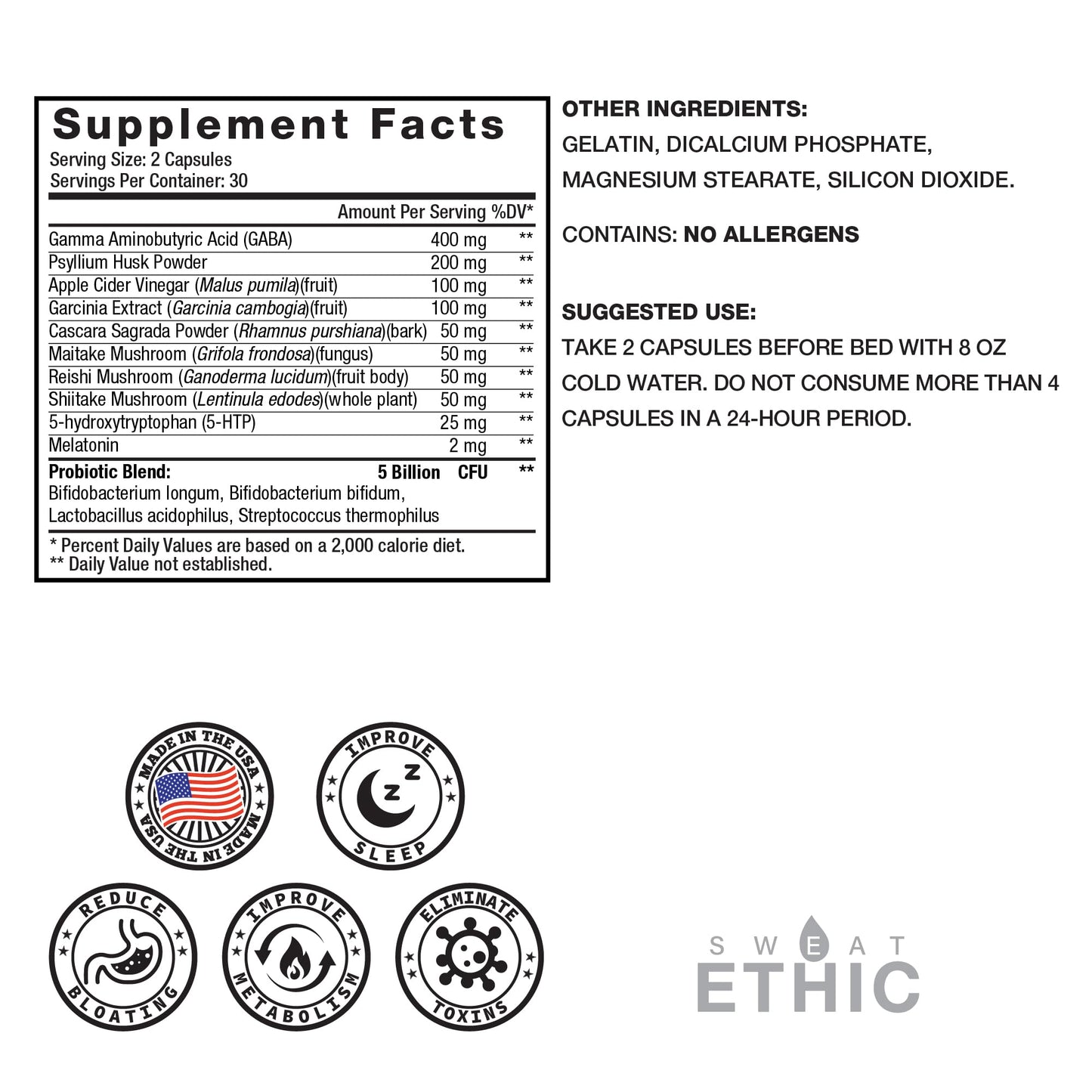 Sweat Ethic Pure & Lean Detox, Natural Nighttime Support with GABA, 5 HTP, Melatonin, Probiotics & Herbal Extracts, Supports Evening Routine and Digestion, Dietary Supplement - dailyvitalstore