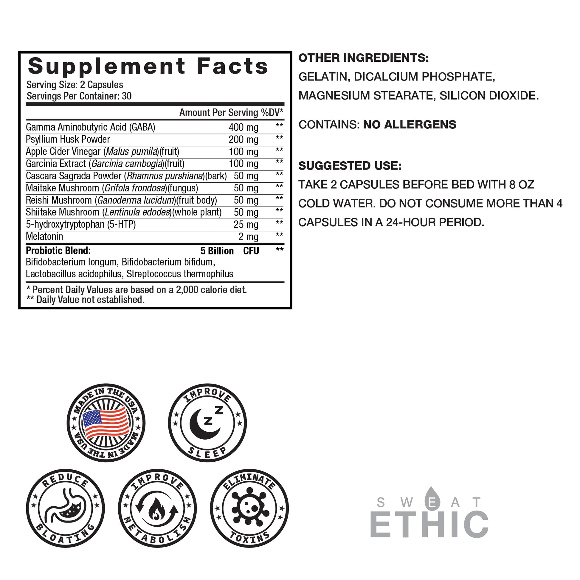 Sweat Ethic Pure & Lean Detox, Natural Nighttime Support with GABA, 5 HTP, Melatonin, Probiotics & Herbal Extracts, Supports Evening Routine and Digestion, Dietary Supplement - dailyvitalstore