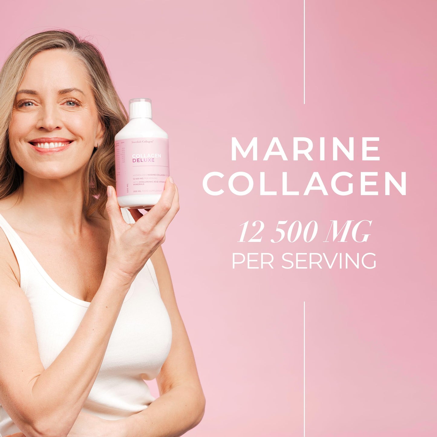 Swedish Collagen Deluxe 12,500 mg Hydrolyzed Marine Collagen Liquid Supplement - 20 Day Supply, 500 ml, Type 1 & 3 | Peptides & Vitamins for Hair, Skin, Nails, Joints | Clinically Tested | Sugar Free - dailyvitalstore