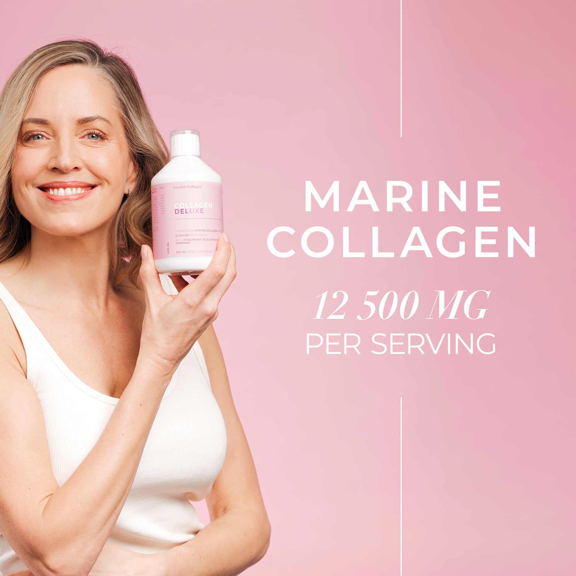 Swedish Collagen Deluxe 12,500 mg Hydrolyzed Marine Collagen Liquid Supplement - 20 Day Supply, 500 ml, Type 1 & 3 | Peptides & Vitamins for Hair, Skin, Nails, Joints | Clinically Tested | Sugar Free - dailyvitalstore